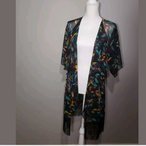 LuLaRoe Black Sheer Kimono | Teal & Orange Leaf Print | Fringe Hem | Small - Picture 3 of 6